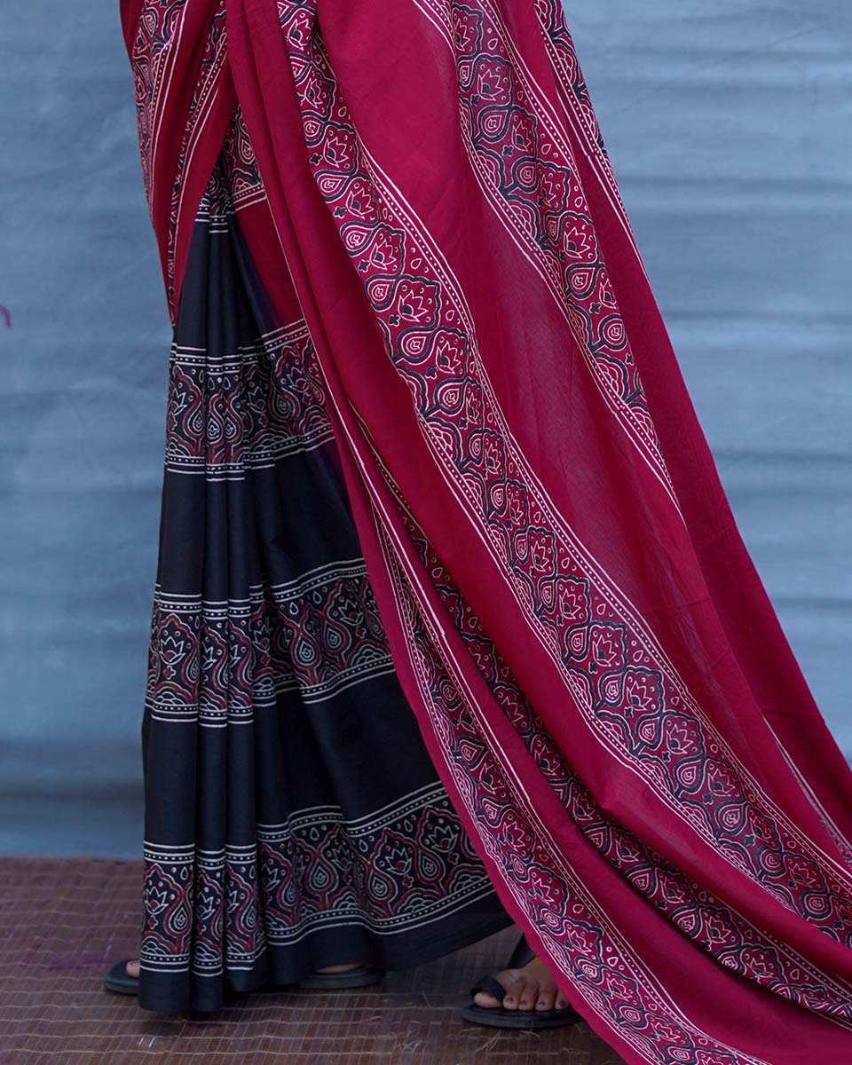 Labanya Maroon Handblock Printed Cotton Saree - Soil