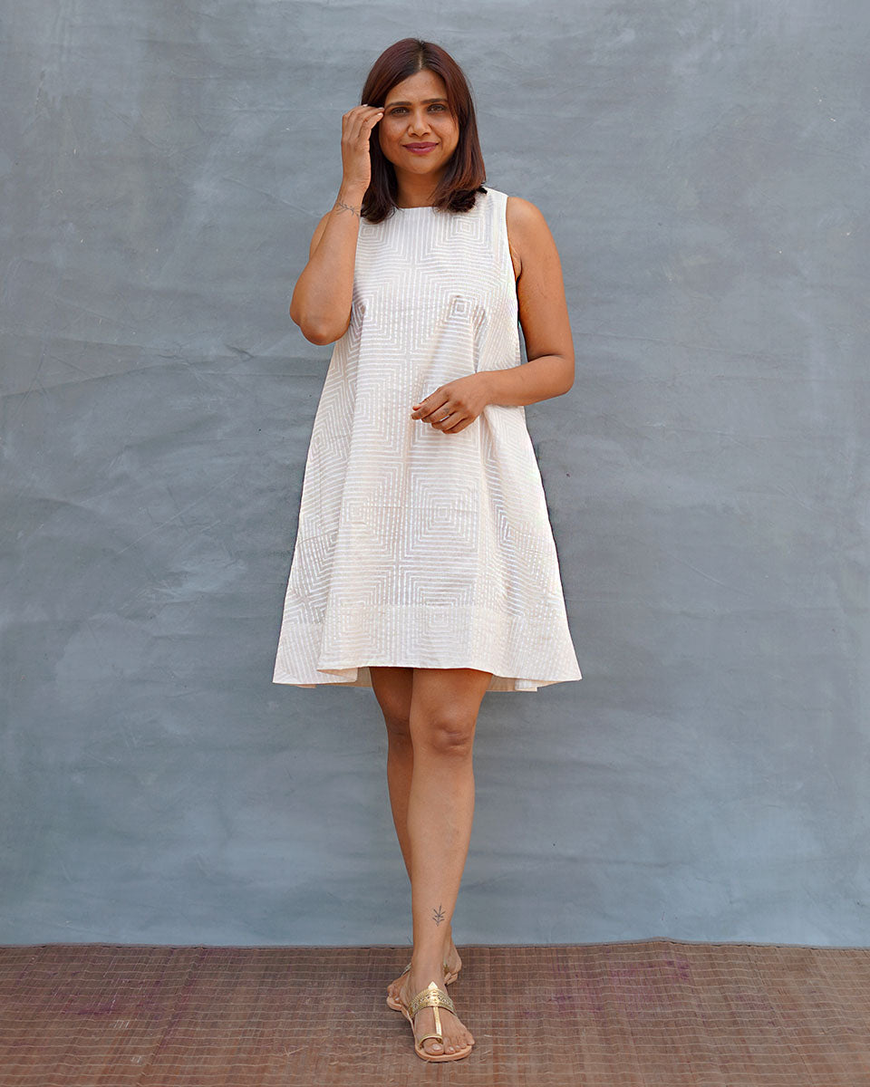 Drifting Away White Handblock Print Cotton Dress - Safed