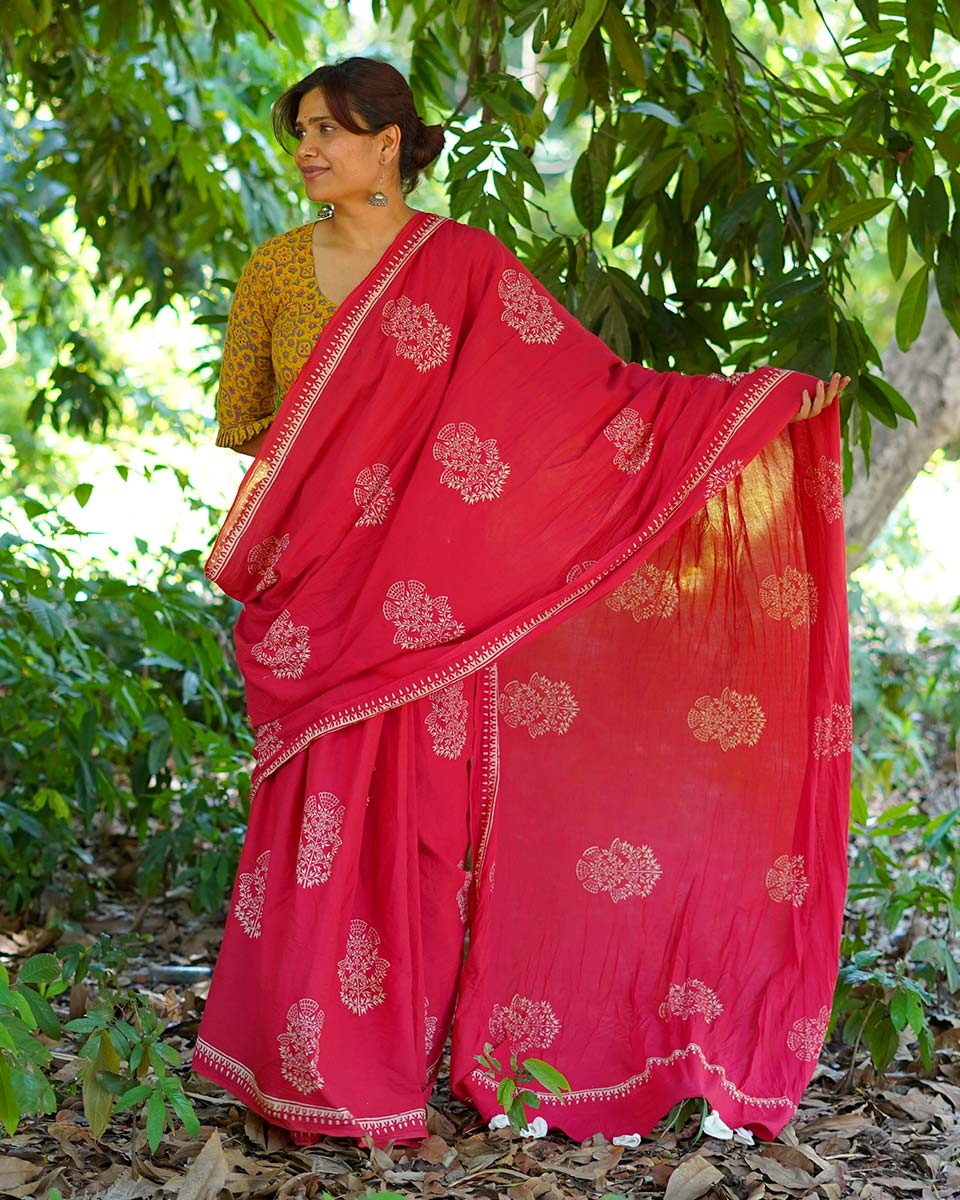 Walking Barefoot Red Hand Block Printed Cotton Saree - UMT