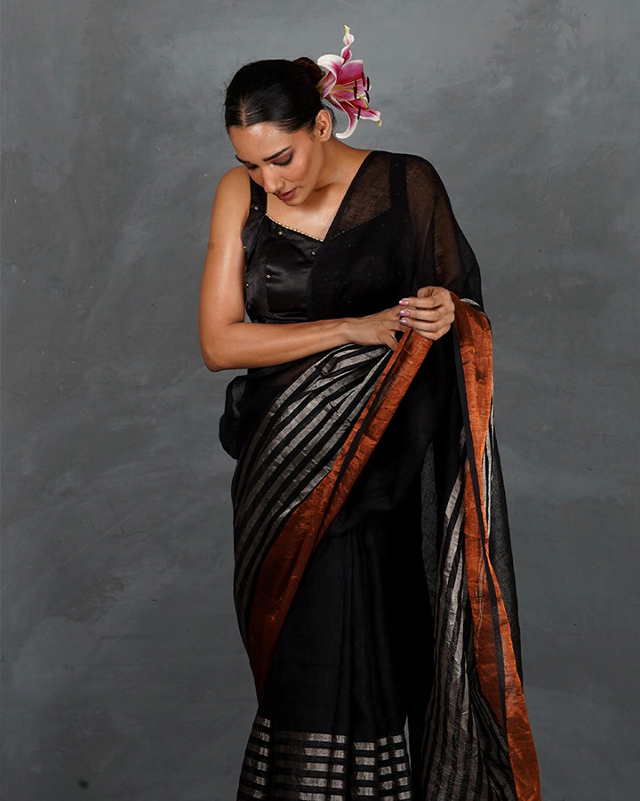 Follow Dawn Black Handwoven Linen Saree - TARA