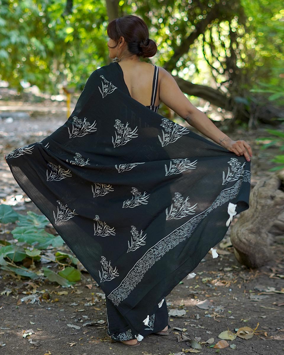 Afternoon Nap Black Hand Block Printed Cotton Saree - UMT