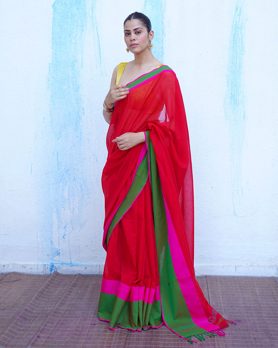 Eos Red With Green Handwoven Cotton Saree - NTC