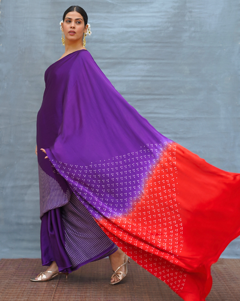 Still Current Purple Handblock Print Modal Silk Saree - Flow