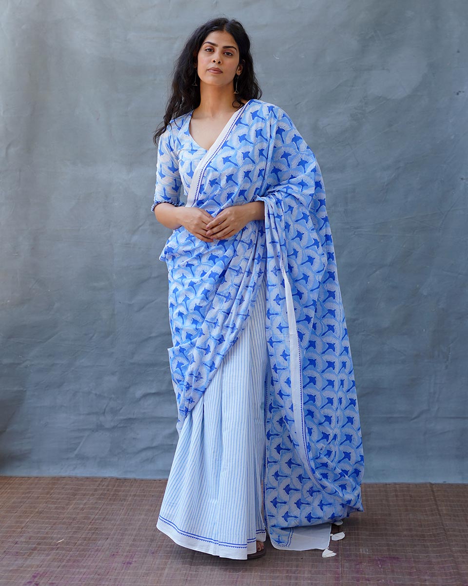 Maya Blue Hand Block Printed Saree-BAD