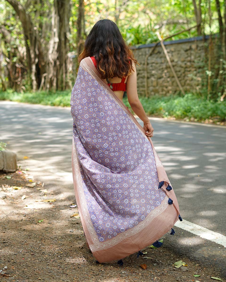 Lavendar Lolly Handblock Print Cotton Saree - PBC