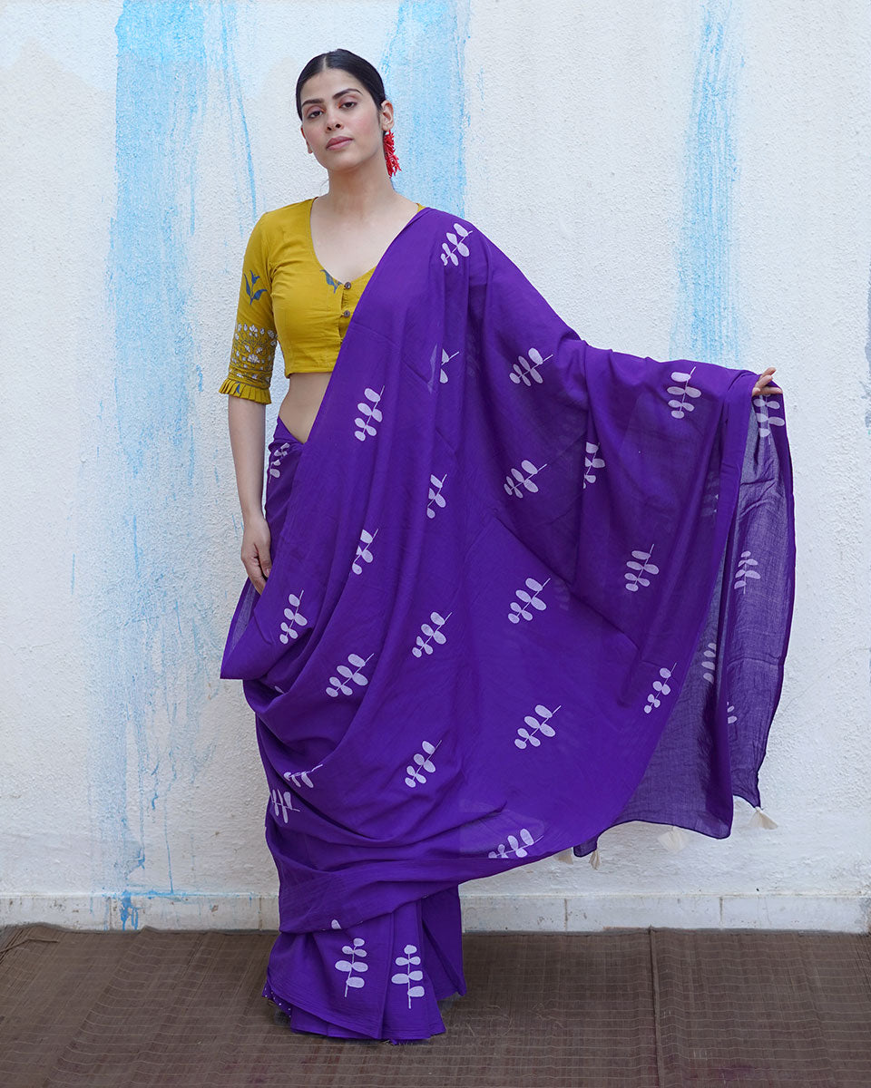 Kuhu Purple Handblock Print Cotton Saree - BFG