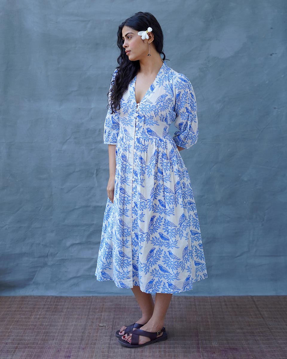 Neyra Ivory Blue Hand Block Printed Dress-BAD