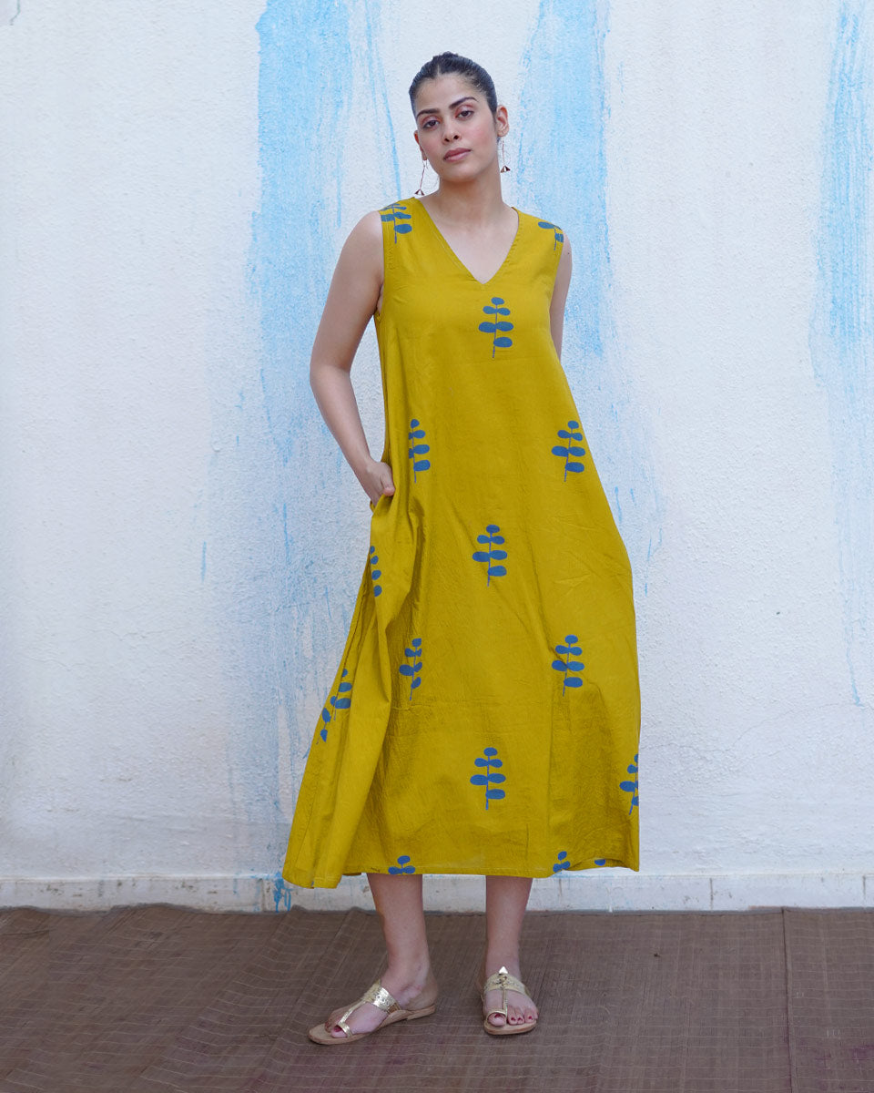Natkhat Mustard Yellow Handblock Print Cotton Dress - BFG
