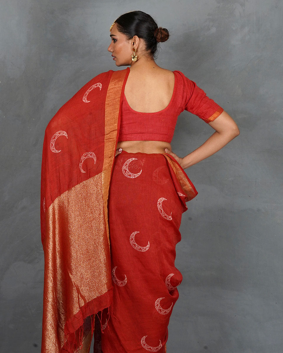 Taraani Red Handblock  Linen Saree - TARA
