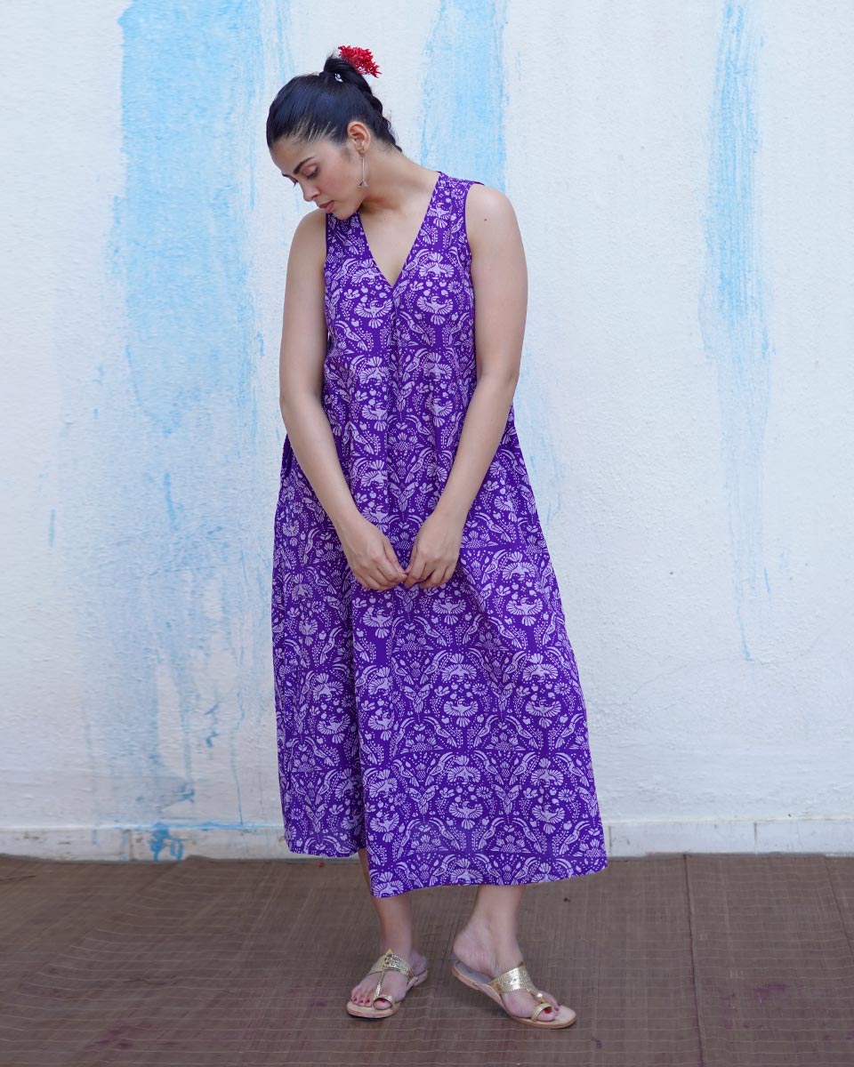 Tarang Purple Handblock Print Cotton Dress - BFG