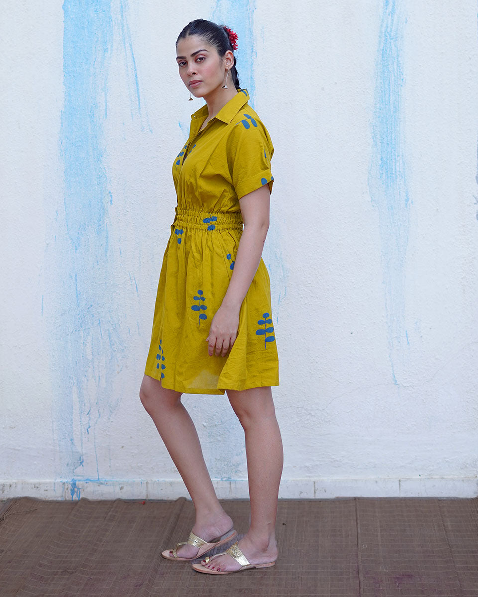 Chanchal Mustard Yellow Handblock Print Cotton Dress - BFG