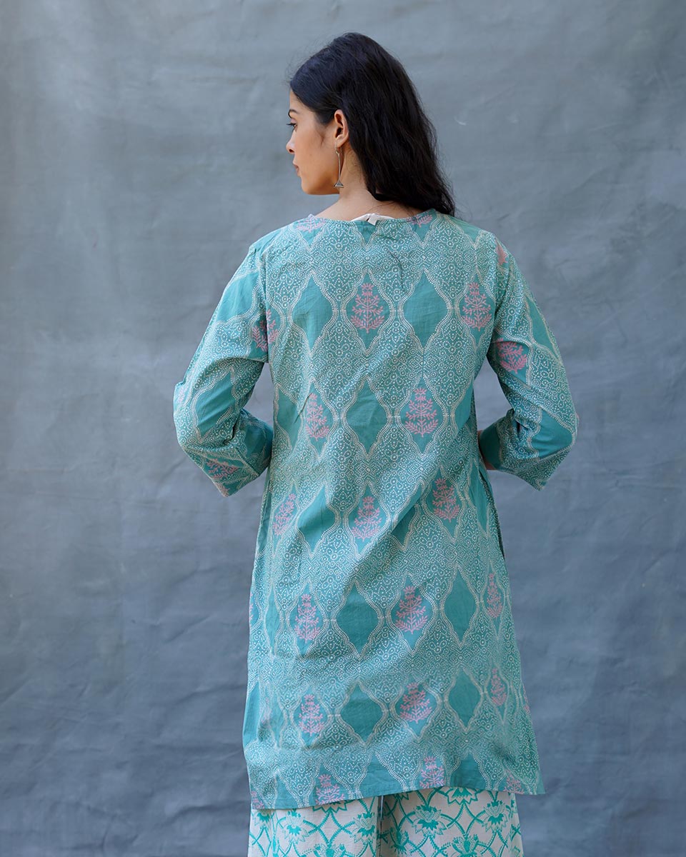 Tenderness of Tulips Teal Green Block Printed Kurti - MMG