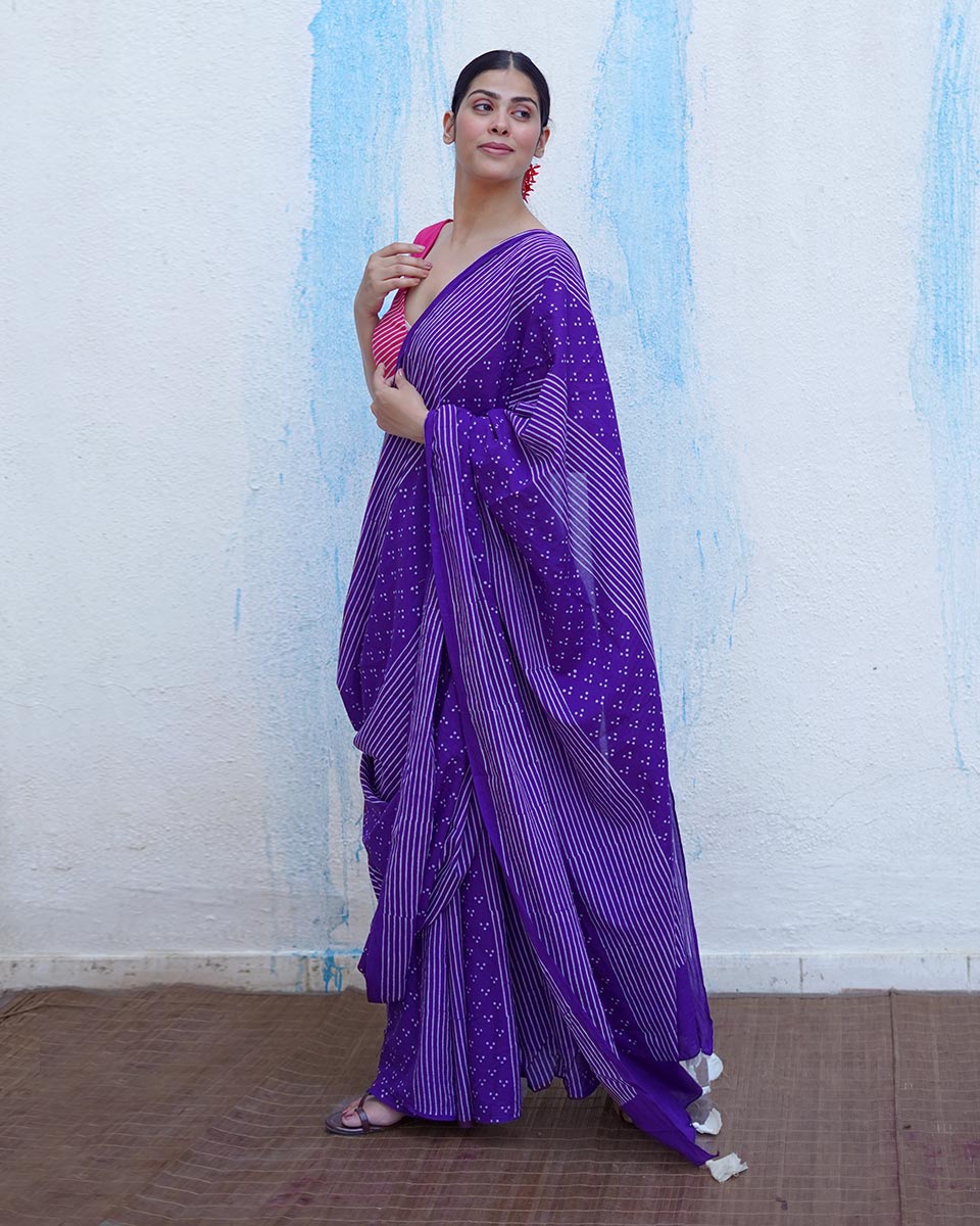 Chidiya Purple Handblock Print Cotton Saree - BFG