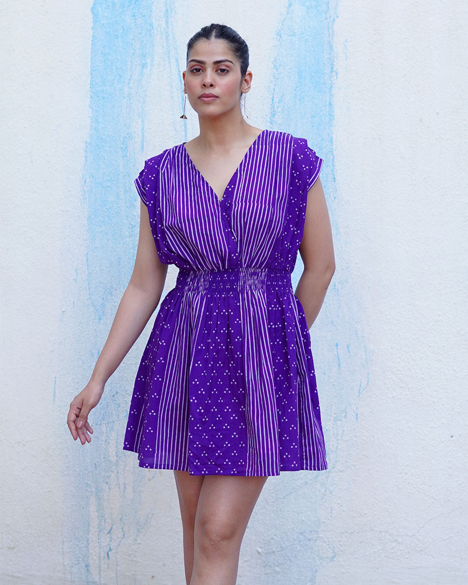 Uditi Purple Handblock Print Cotton Dress- BFG