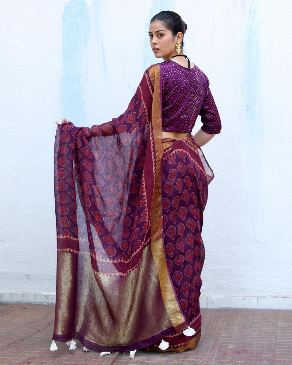 Sitara Purple Handblock Print Linen Saree - RSH