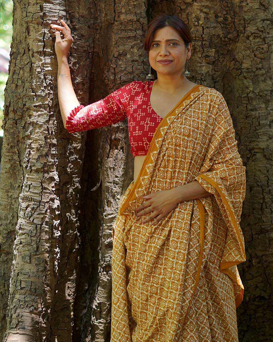 Under Open Skies Mustard Hand Block Printed Cotton Saree - UMT