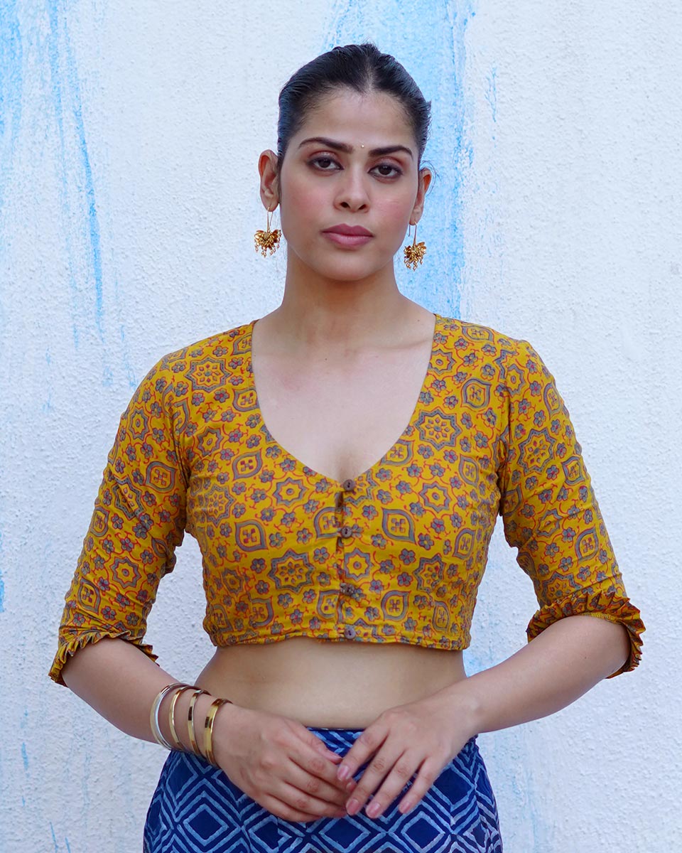 Swinging in veranda Mustard Yellow Hand Block Printed Cotton Blouse - UMT