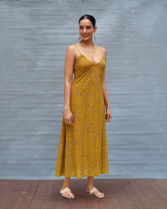 Worm Moon Yellow Handblock Print Cotton Dress - MNCH