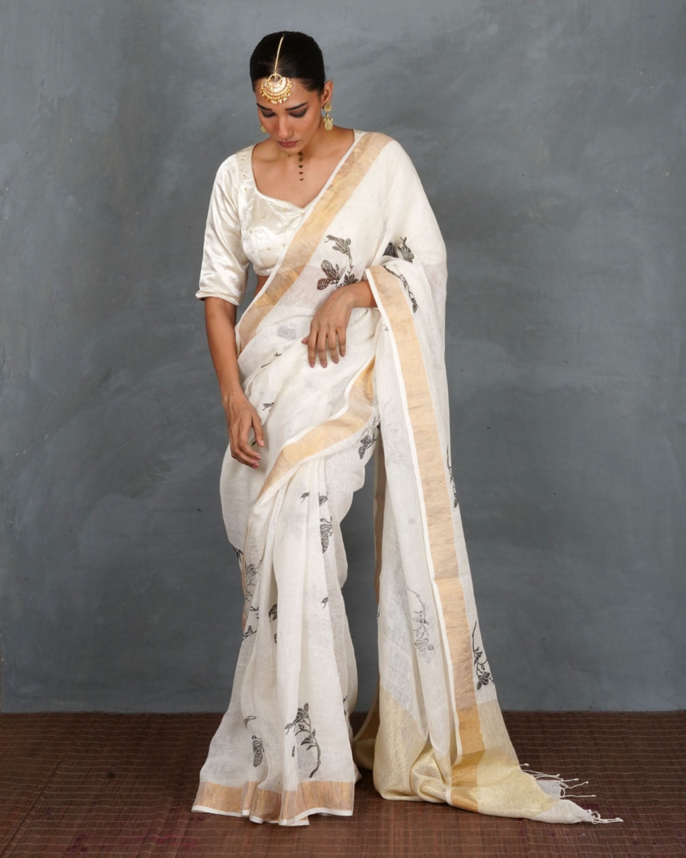 Aabroo White Handblock Linen Saree - TARA