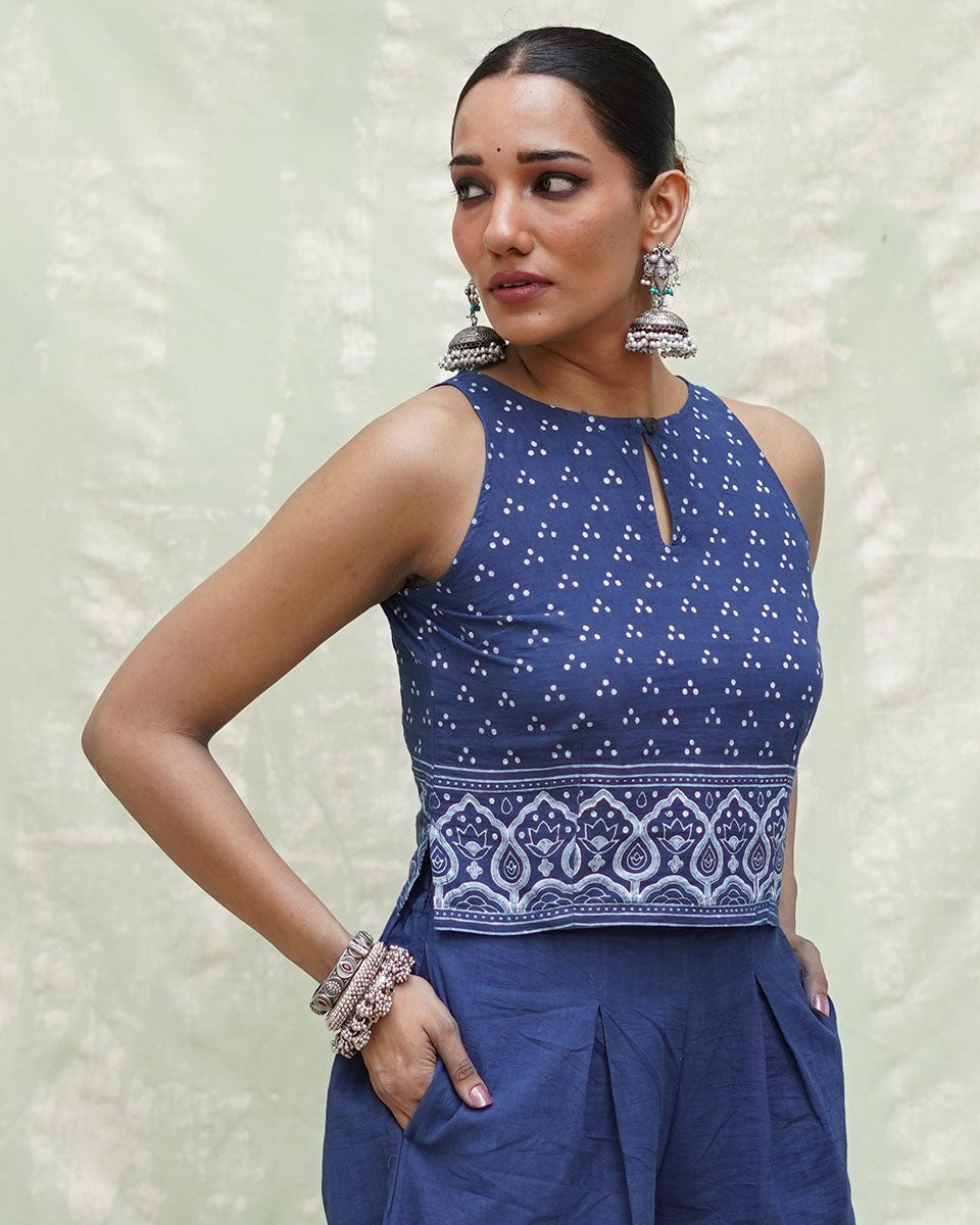 Khamaj Blue Handblock Print Cotton Blouse - INDI