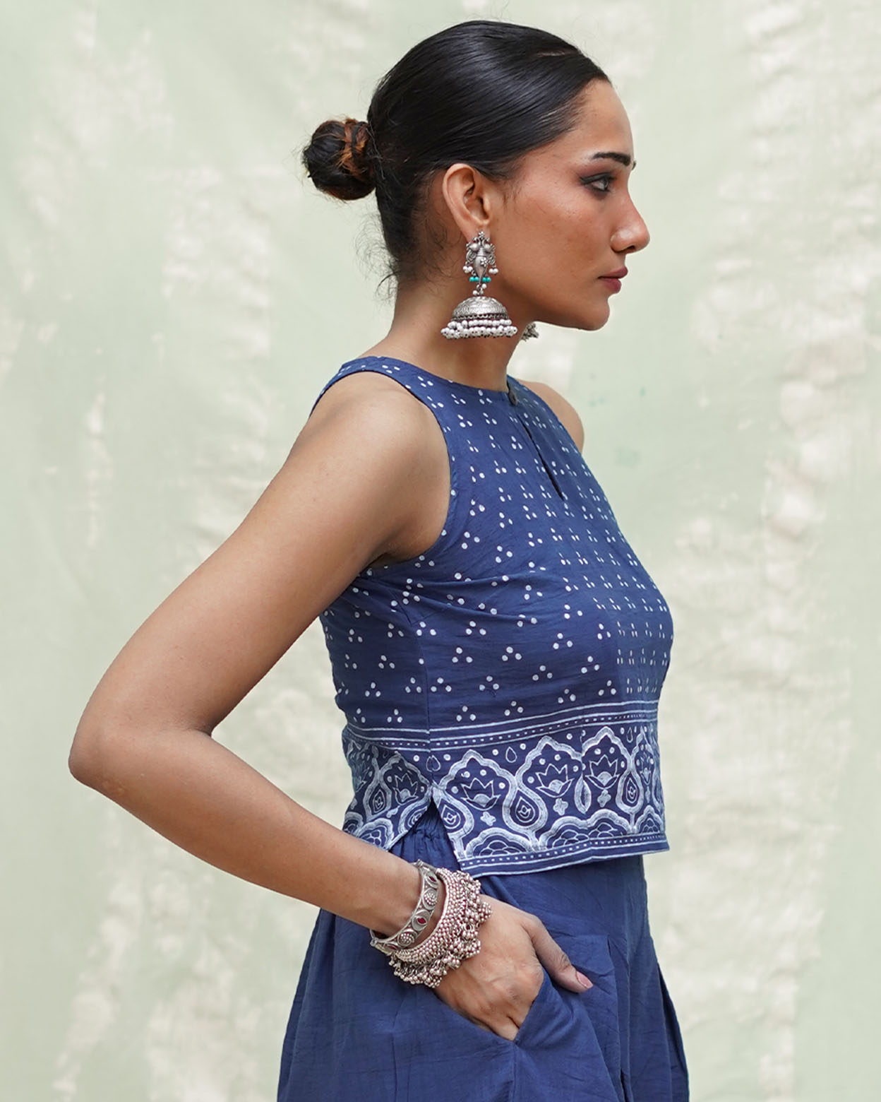 Khamaj Blue Handblock Print Cotton Blouse - INDI