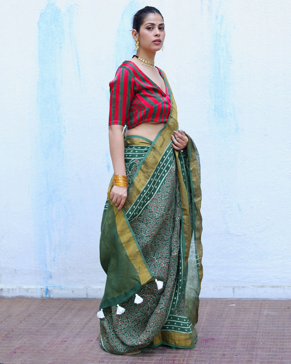 Deepti Green Handblock Print Linen Saree - RSH