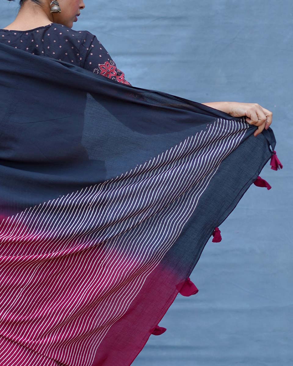 Bimala Black With Maroon Handblock Printed Cotton Saree - Soil