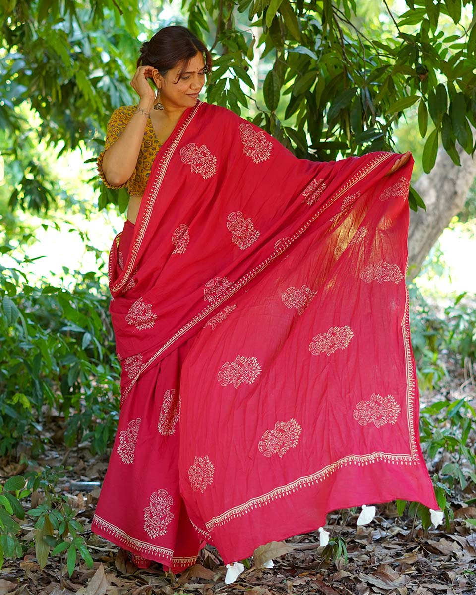 Walking Barefoot Red Hand Block Printed Cotton Saree - UMT