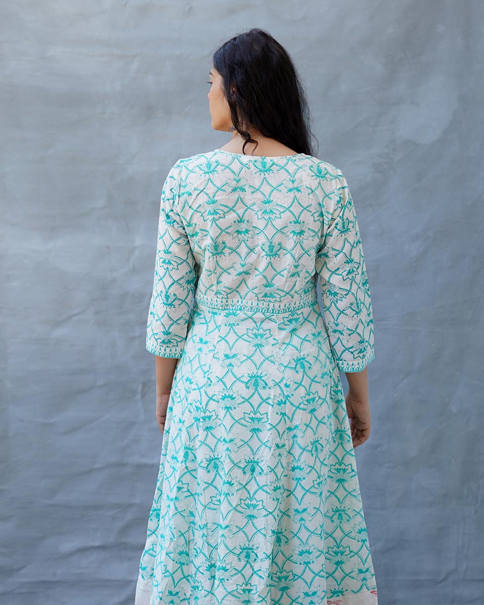 Chamomileâ€™s Calm Teal Green Block Printed Cotton Dress - MMG