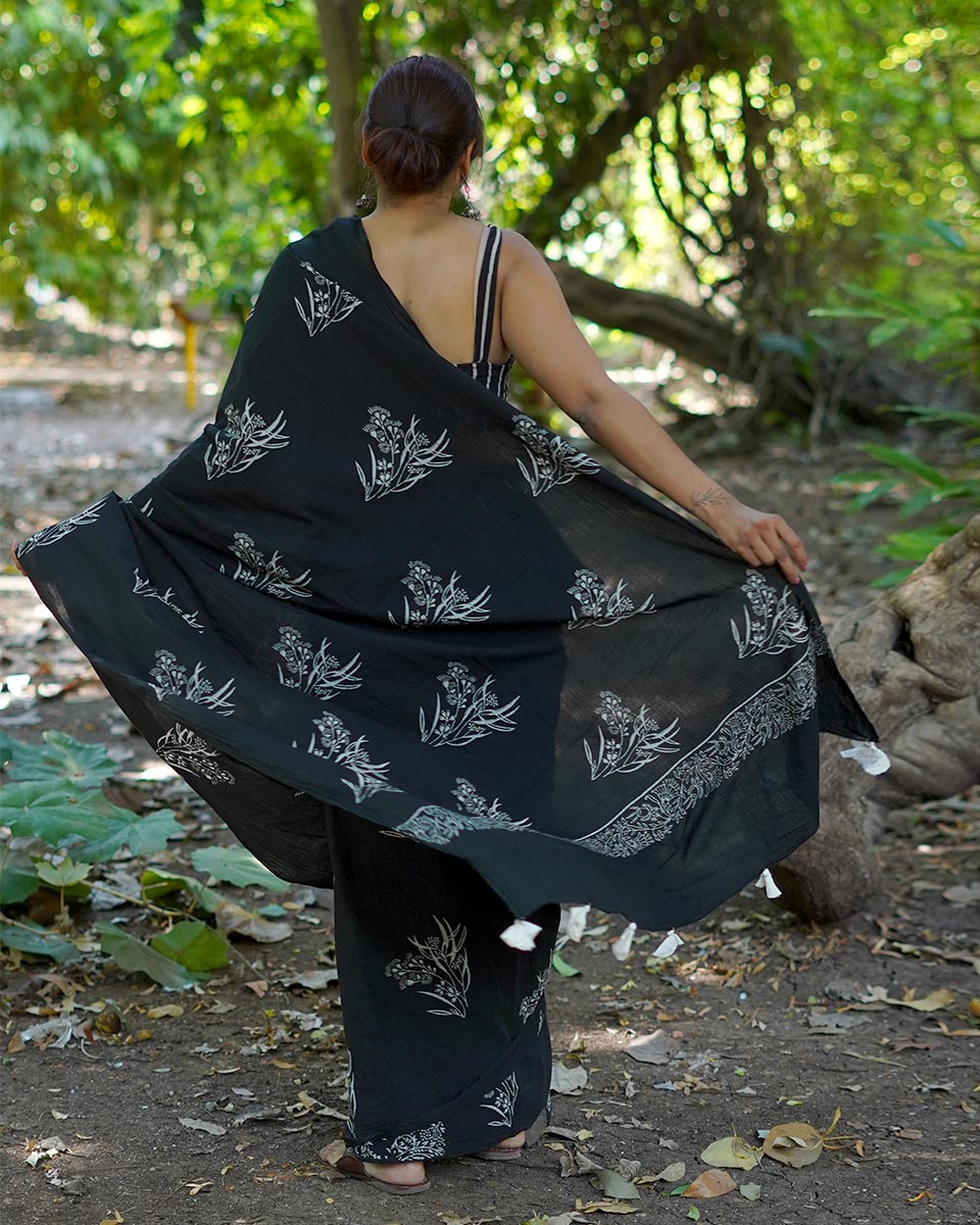 Afternoon Nap Black Hand Block Printed Cotton Saree - UMT