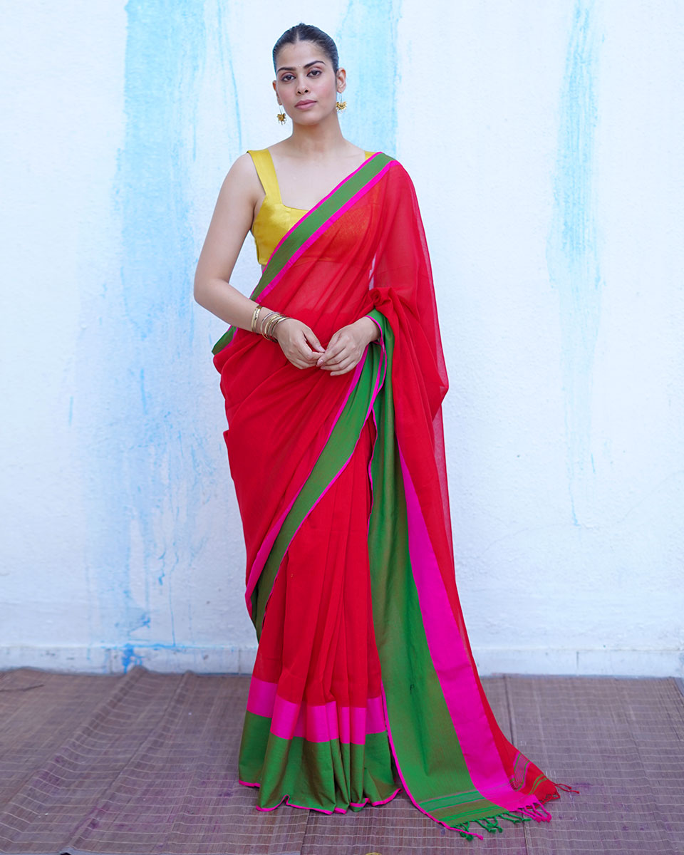 Eos Red With Green Handwoven Cotton Saree - NTC