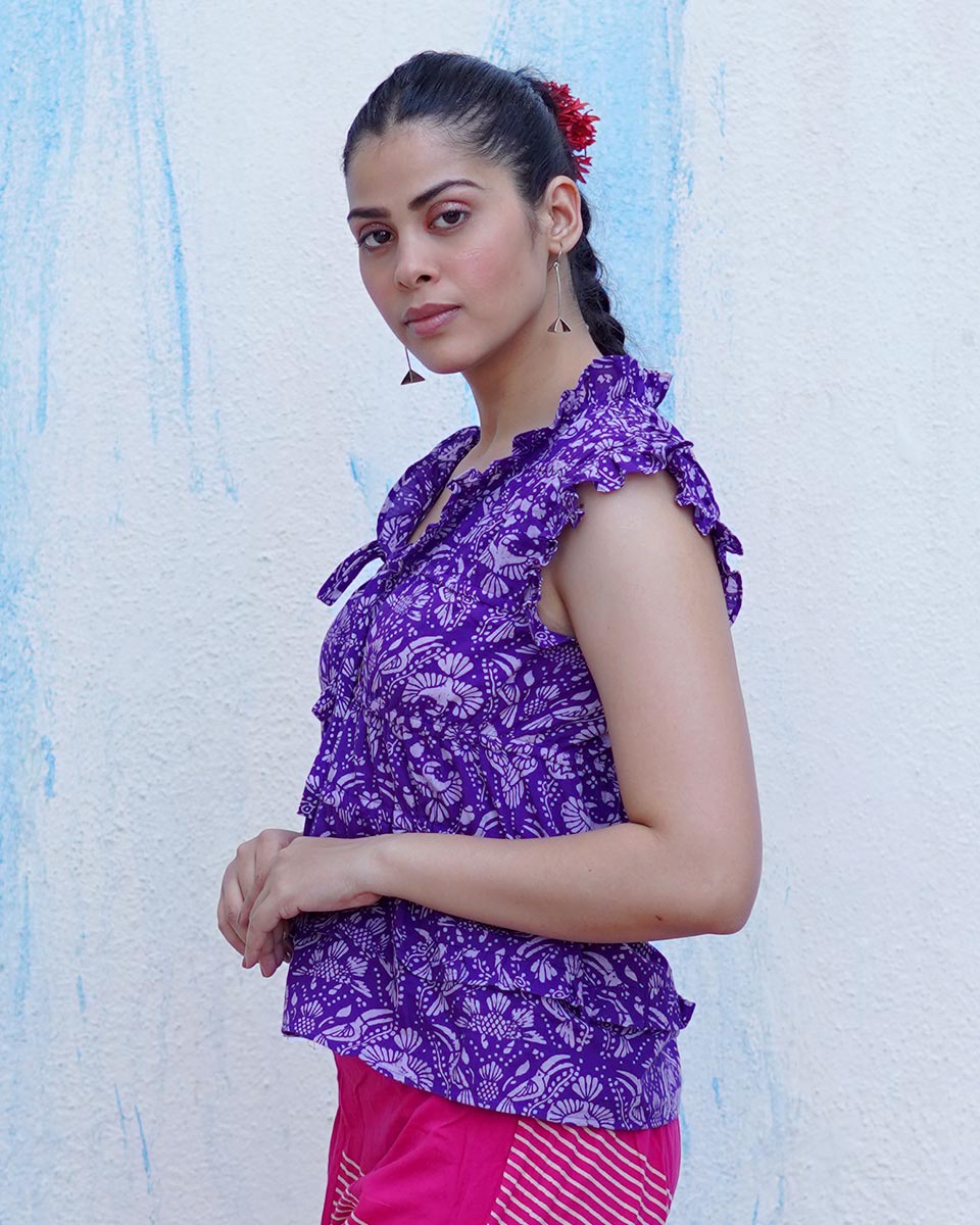 Phulwa Purple Handblock Print Cotton Top - BFG