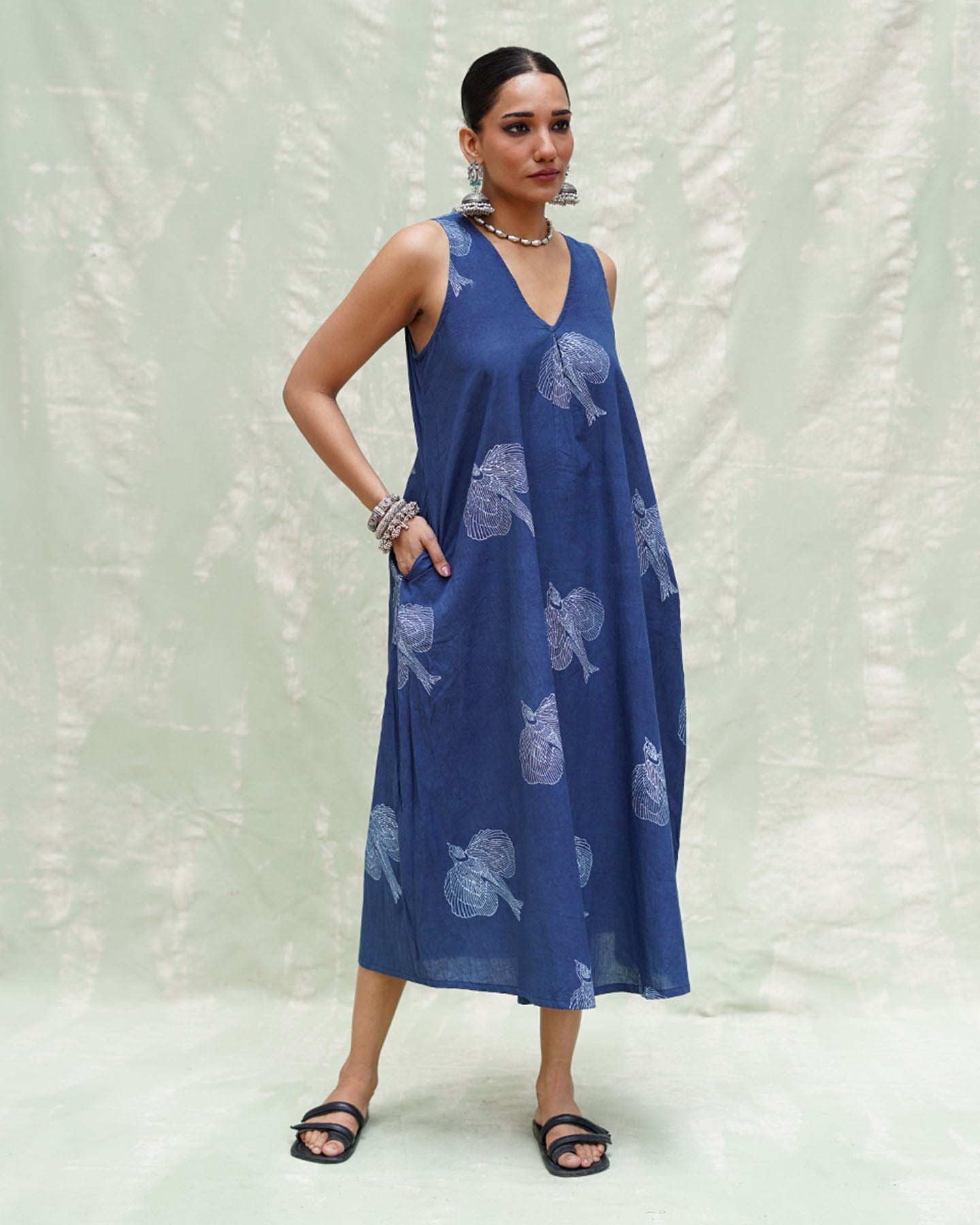 Adana Malhar Blue Handblock Print Cotton Dress - INDI
