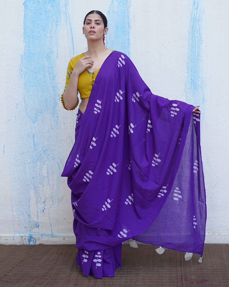 Kuhu Purple Handblock Print Cotton Saree - BFG