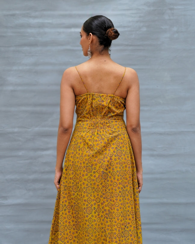 Worm Moon Yellow Handblock Print Cotton Dress - MNCH