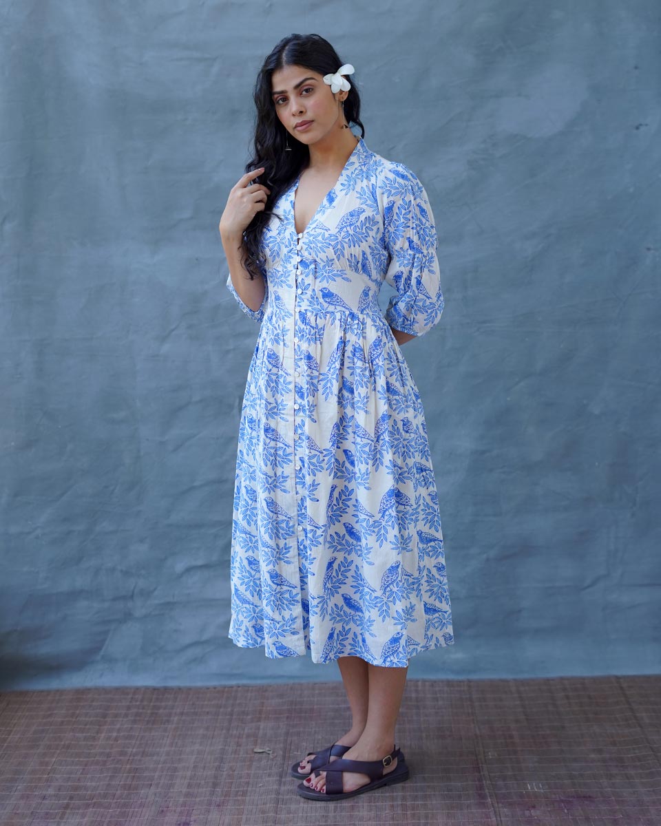 Neyra Ivory Blue Hand Block Printed Dress-BAD