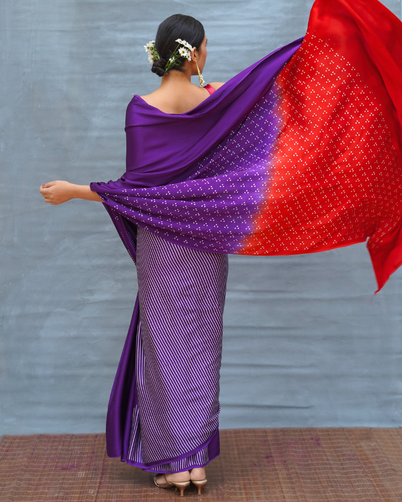 Still Current Purple Handblock Print Modal Silk Saree - Flow