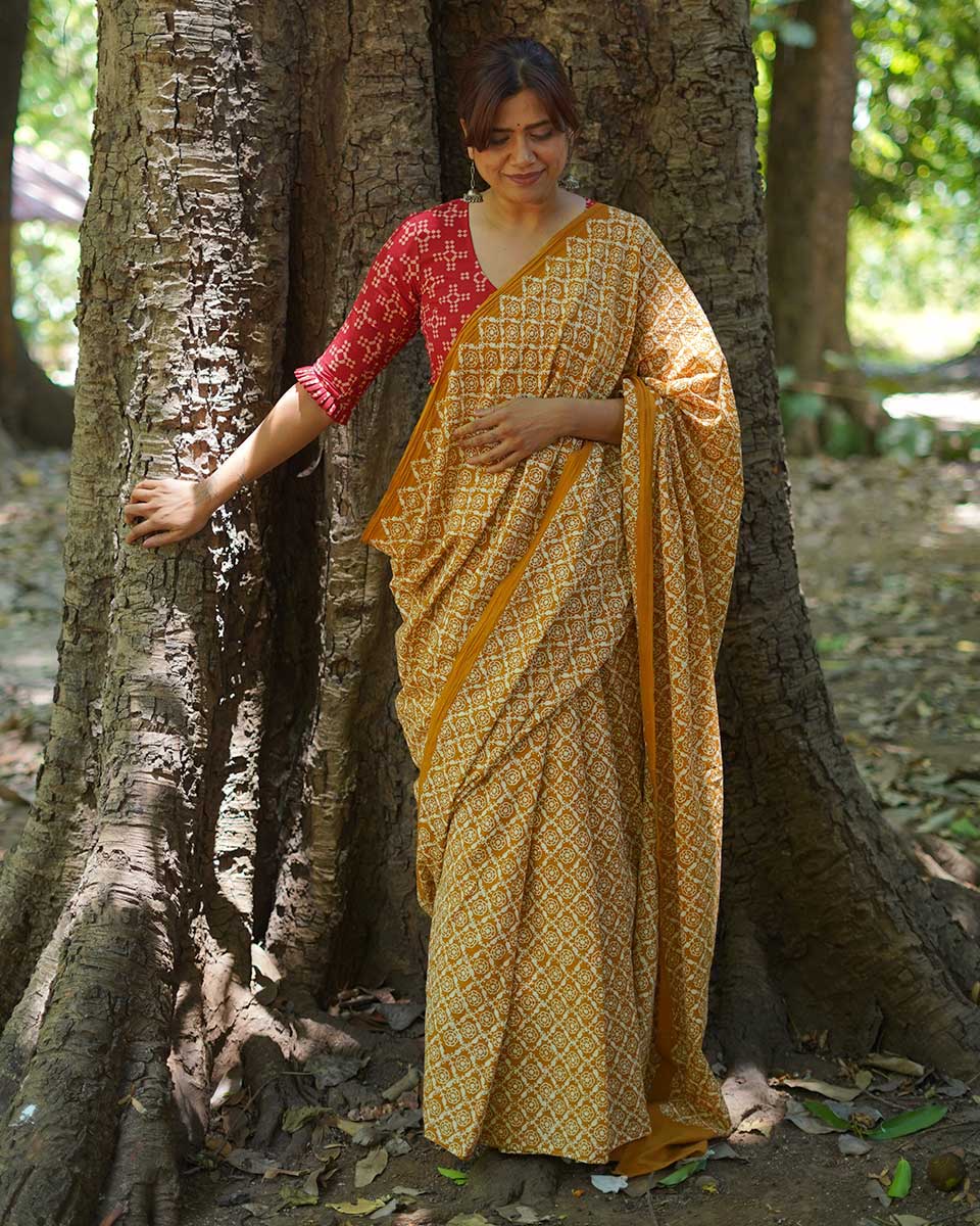 Under Open Skies Mustard Hand Block Printed Cotton Saree - UMT
