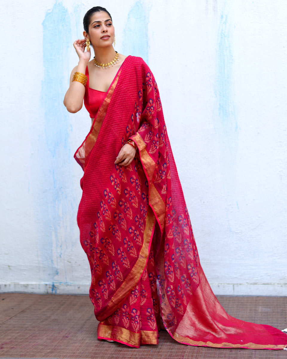 Mehr Pink Handblock Print Linen Saree - RSH
