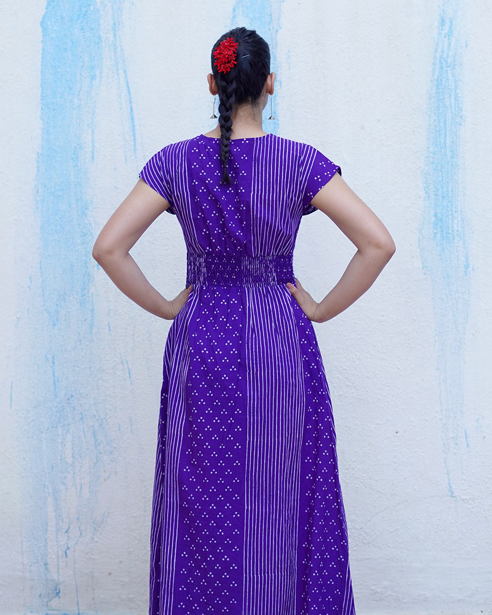 Lahari Purple Handblock Print Cotton Dress - BFG