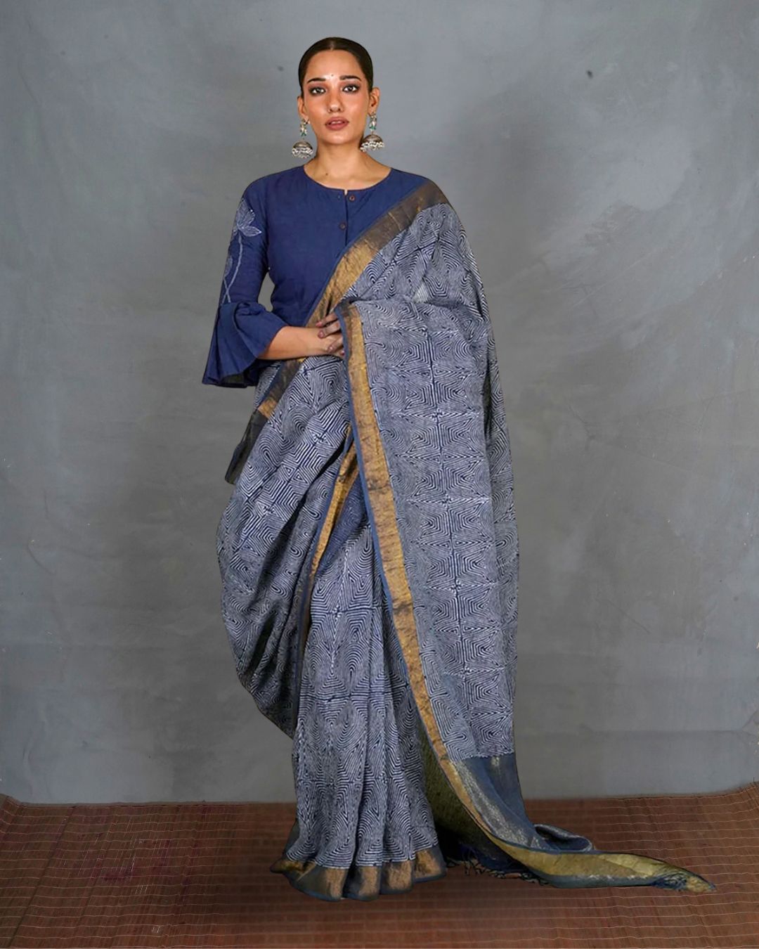 Sanjh Tarini Blue Handblock Print Linen Saree - INDI