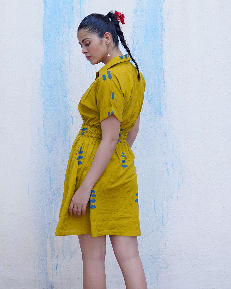 Chanchal Mustard Yellow Handblock Print Cotton Dress - BFG