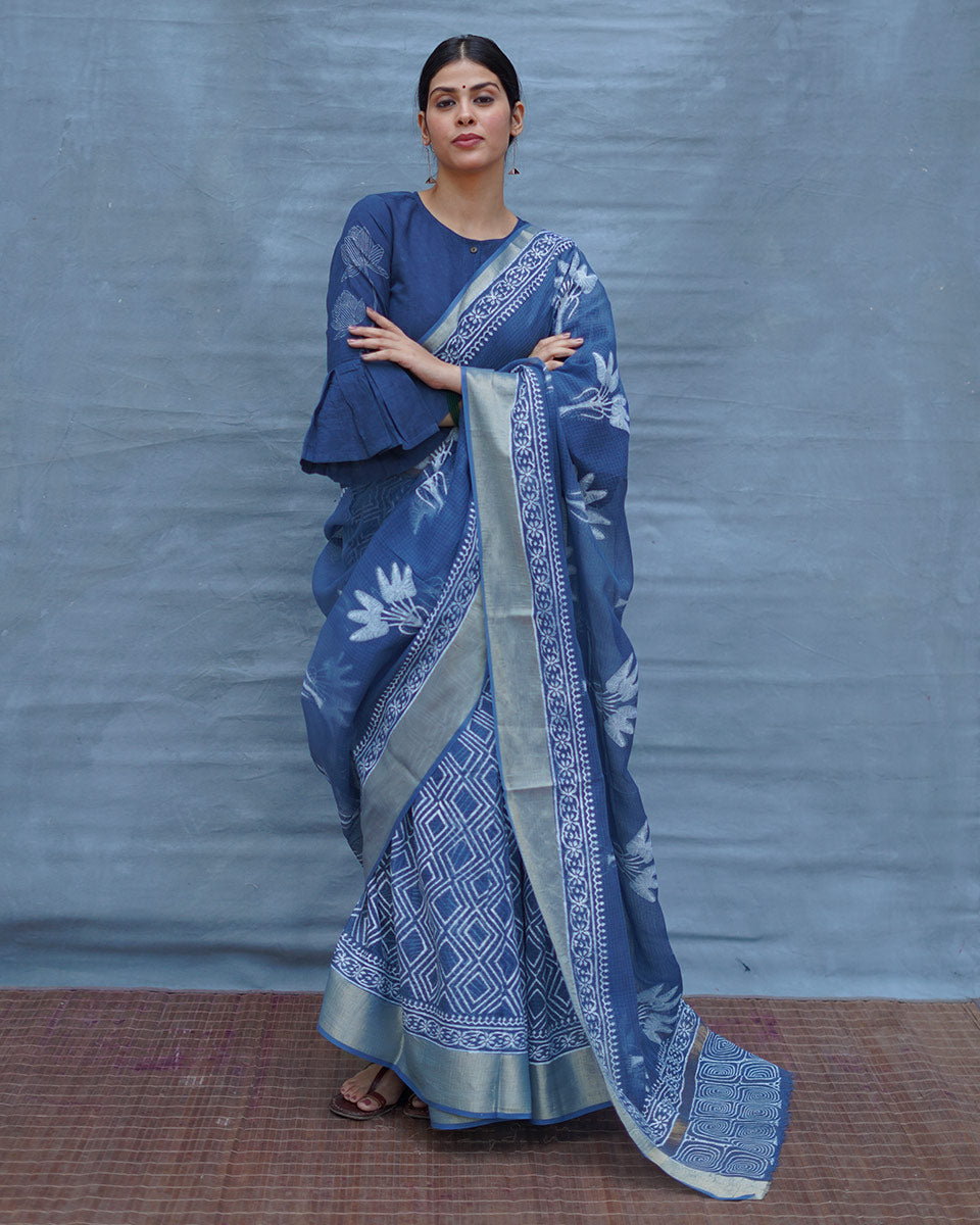 Midnight Sky Blue Block Printed Kota Doria Saree - INDI