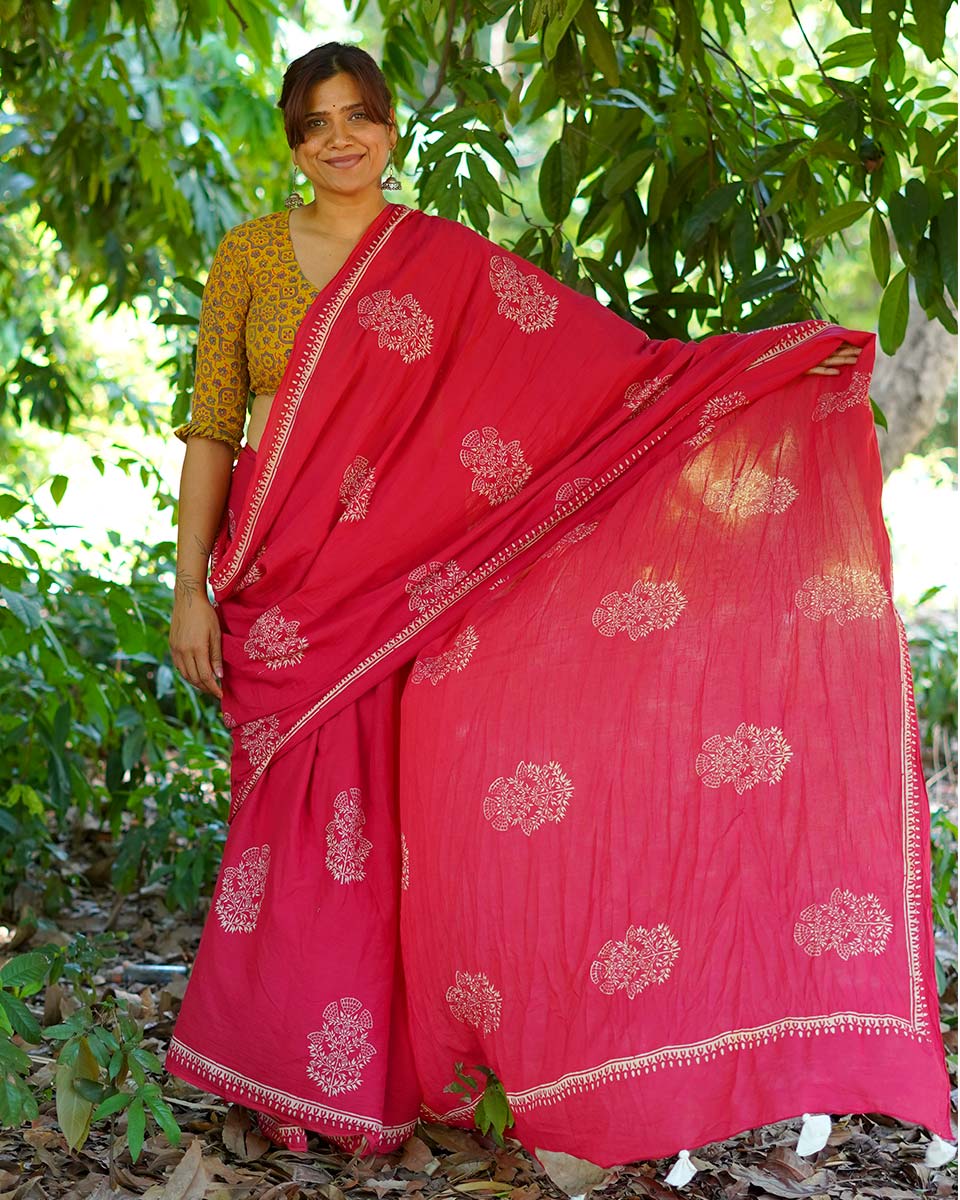 Walking Barefoot Red Hand Block Printed Cotton Saree - UMT