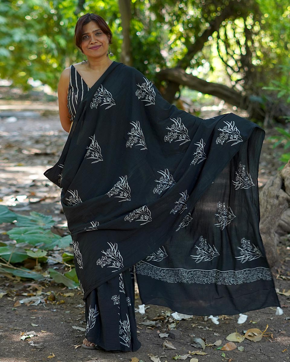 Afternoon Nap Black Hand Block Printed Cotton Saree - UMT