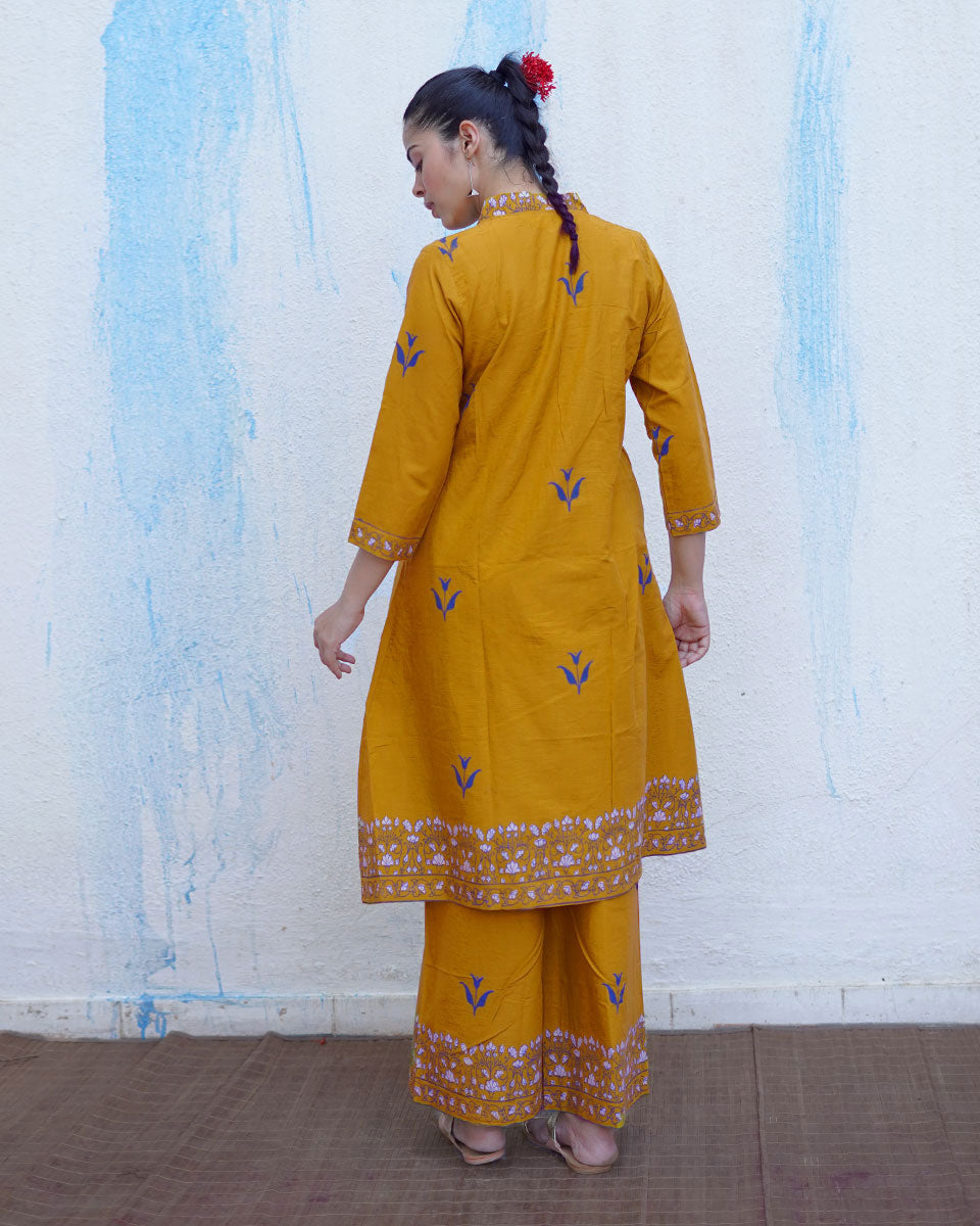 Rangeeli Mustard Yellow Handblock Print Cotton Kurta Set - BFG