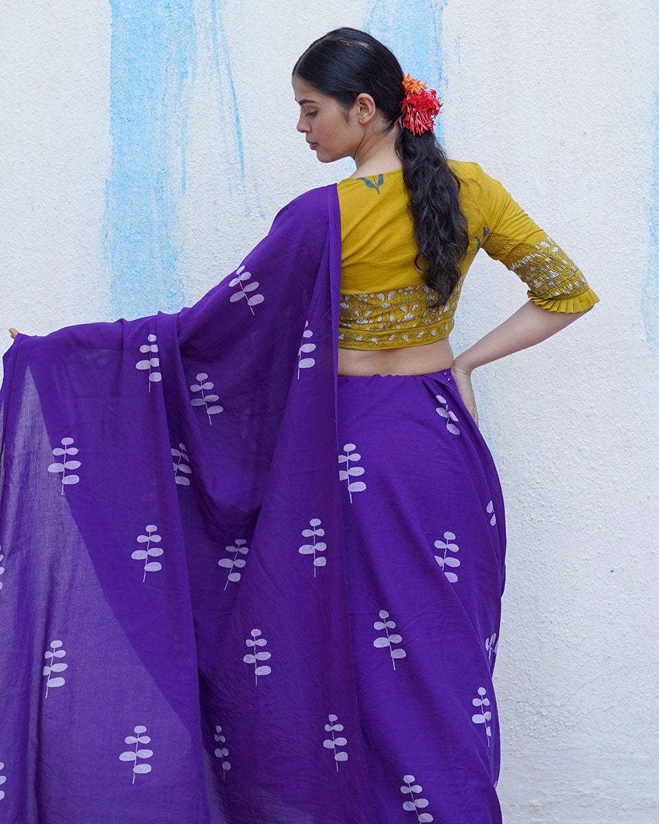 Kuhu Purple Handblock Print Cotton Saree - BFG