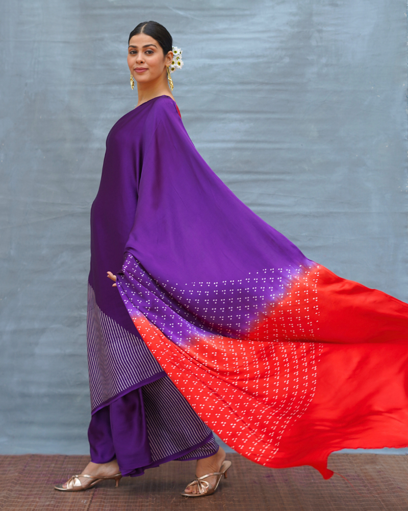 Still Current Purple Handblock Print Modal Silk Saree - Flow
