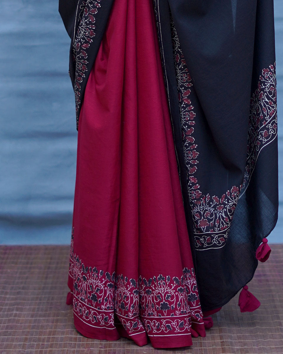 Binodini Black With Maroon Handblock Printed Cotton Saree - Soil