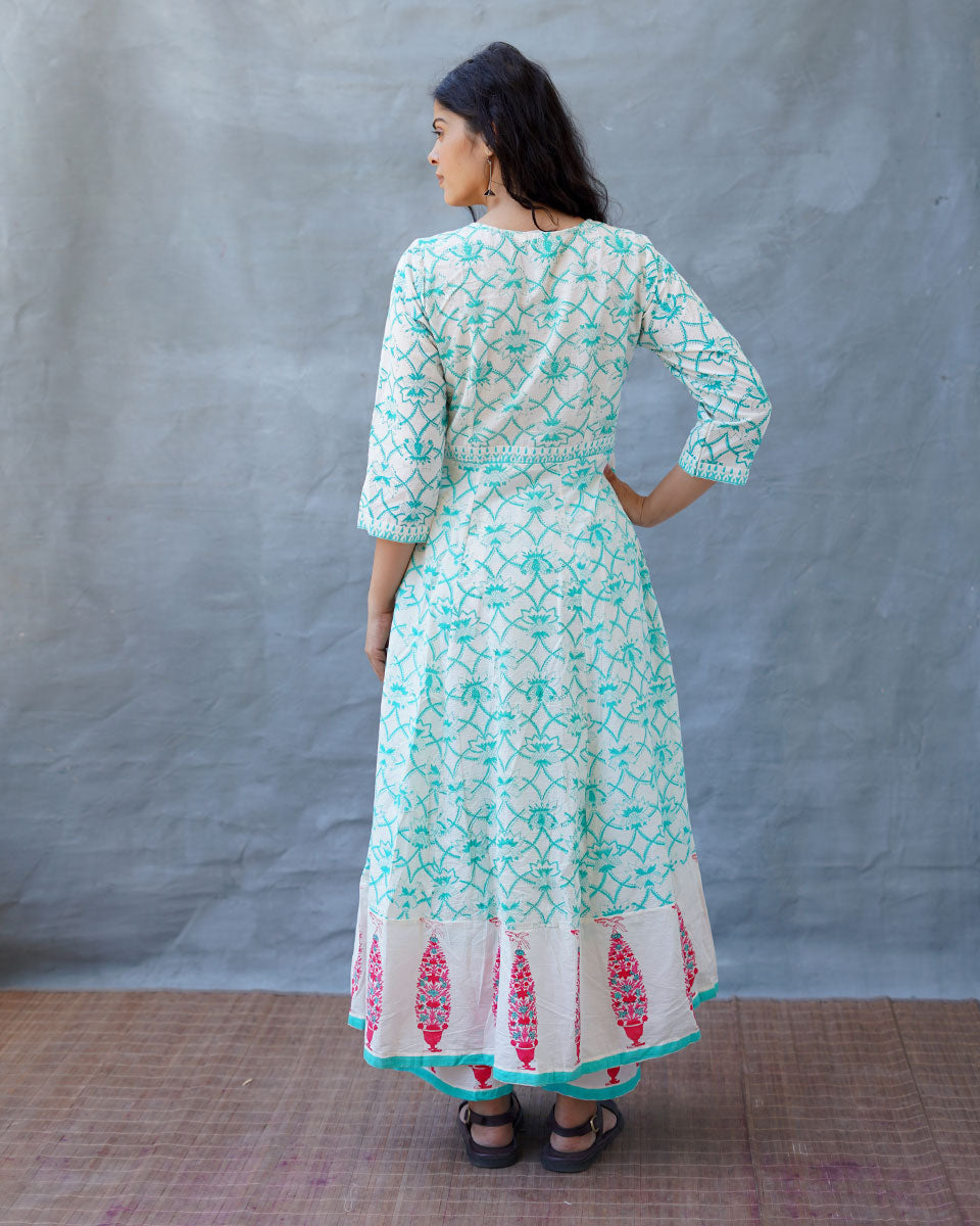 Chamomileâ€™s Calm Teal Green Block Printed Cotton Dress - MMG